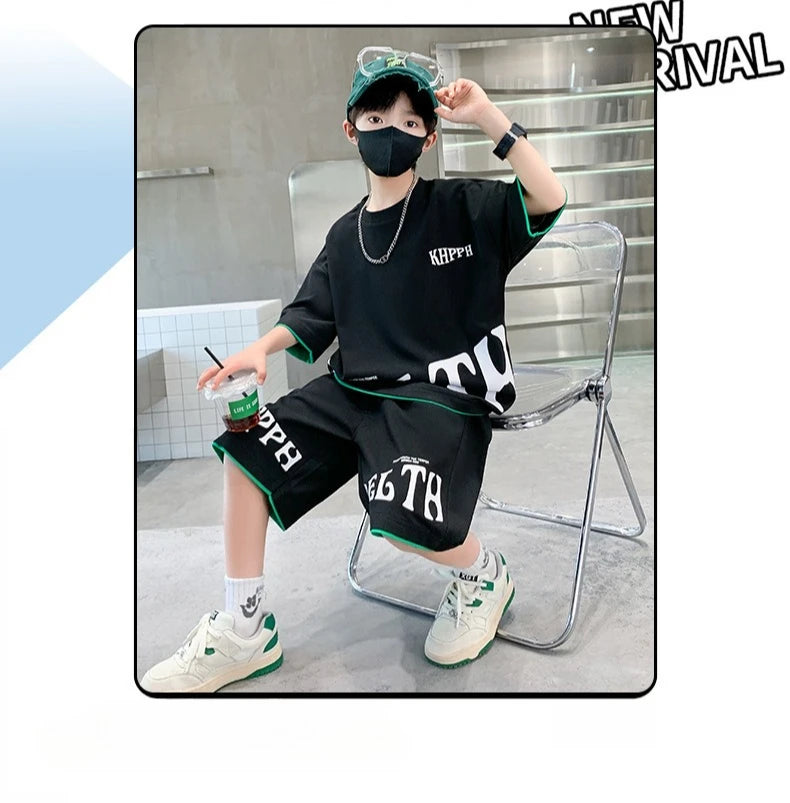 Boys Summer Letter Print Tee Shorts Two Piece Set New Big Kids Casual Wear Outfit Everyday Wear Simple Style Matching Children