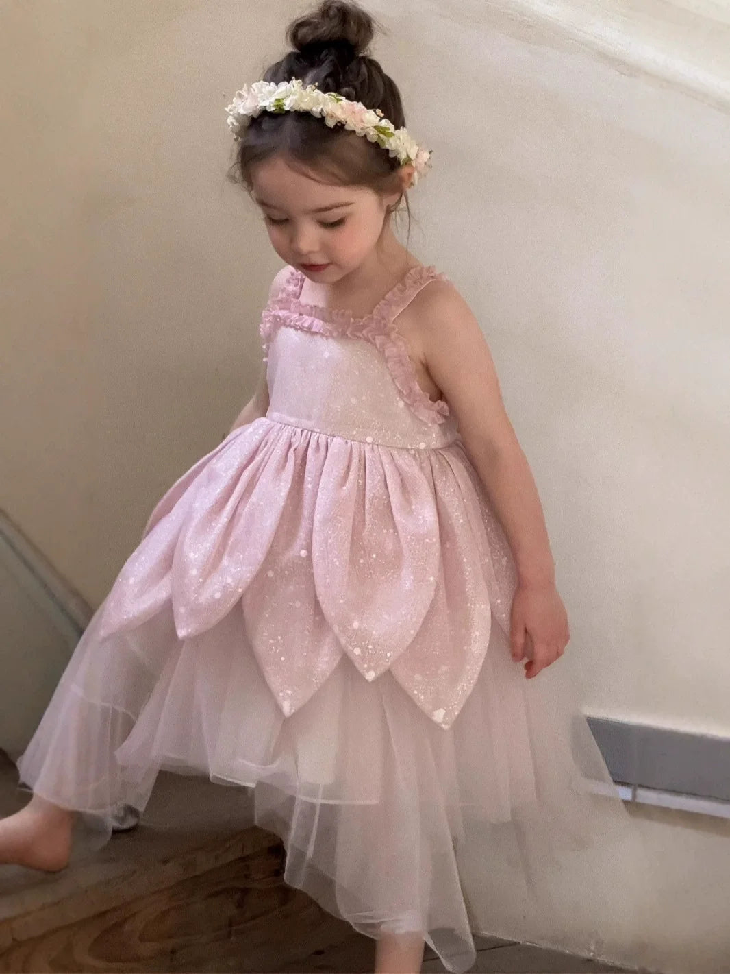 Flower Fairy Girl Dress Vest Sleeveless Shoulder Strap Suspender Princess Petal Skirt Magic Elves Halloween Dress