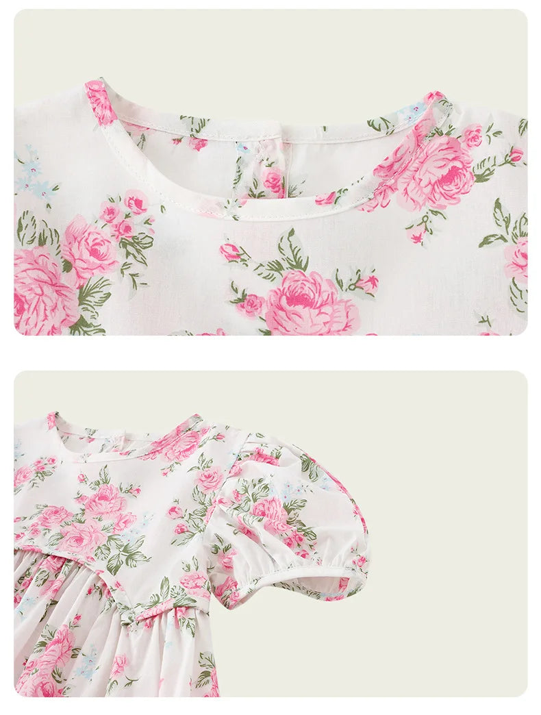 2025 Summer Kids Girls Dresses Short Sleeve A Line Girls Dresses Floral Print Pleated Dress For Girl