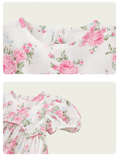 2025 Summer Kids Girls Dresses Short Sleeve A Line Girls Dresses Floral Print Pleated Dress For Girl