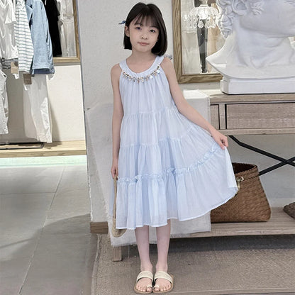 Girls Summer Dress 2025 New Halter Dresses Middle and Large Children Foreign Style Beach Dress Kids Undershirt Princess Skirt