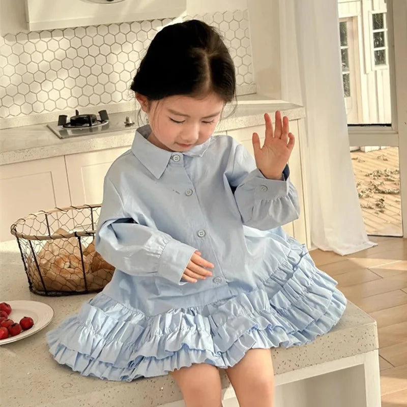 Girl's Shirt Dress Princess Spring New Long-sleeve Gown Children Summer Turn-down Dresses 2-8Y Kids Autumn Fashion Clothing