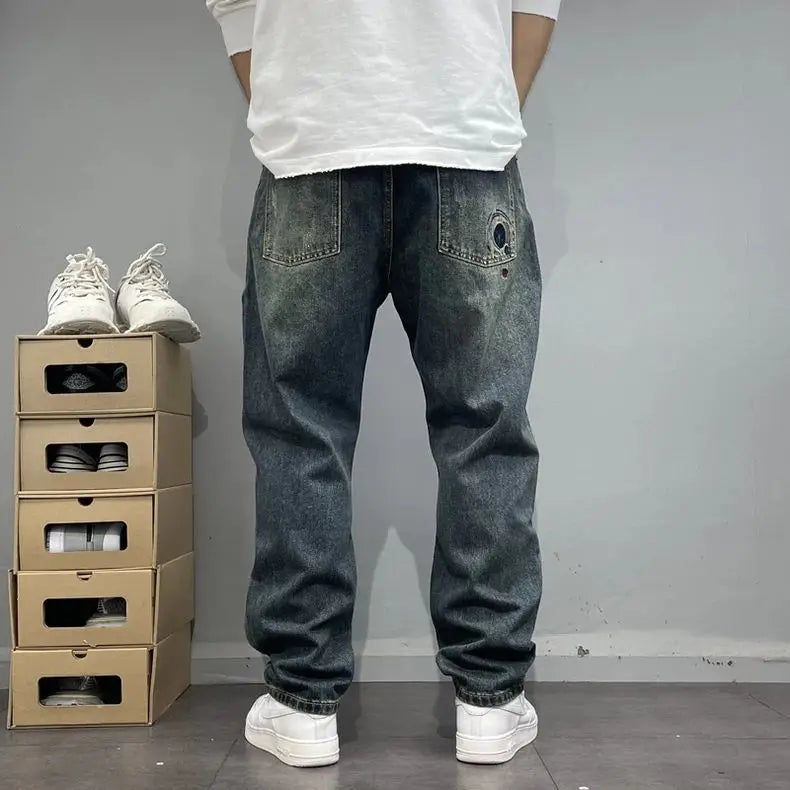 Washed Distressed Patched Embroidered Jeans Men's Small Straight Leg Pants High Street Ruff and Handsome Pants Trendy