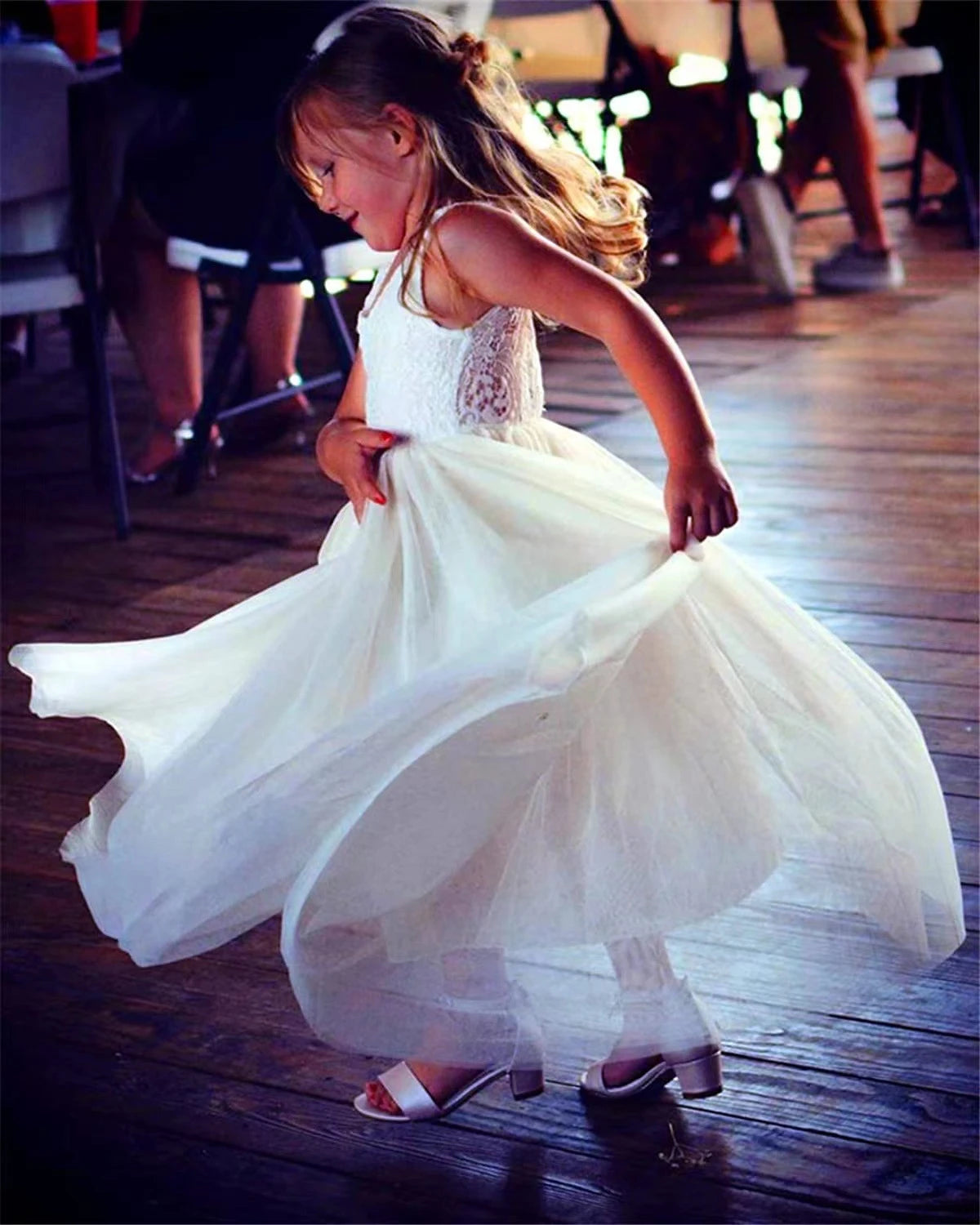 New Girls' Long-Sleeved Lace Gauze Dress Children's Evening Dress Wedding Flower Girl Sweet Lovely Versatile Dress