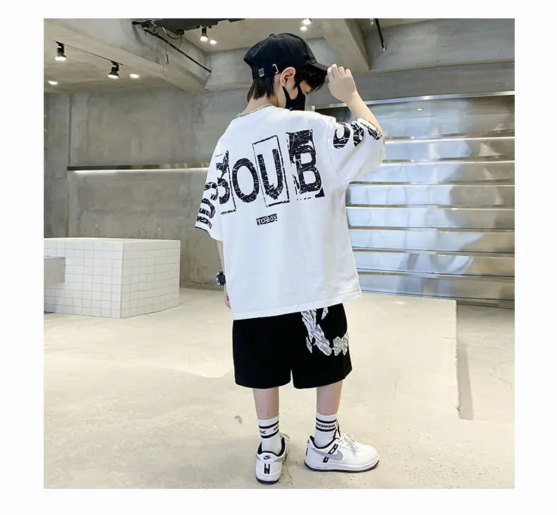 Boys Summer Trendy Casual Sports 2pcs T-shirts+Pants Suits 3-14 Years Teenage Boys Hip Hop Style Fashion Outfits Clothes Sets