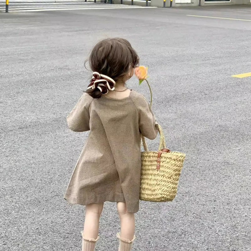 Girls' Summer Dresses New Children's Wear French Retro Short Sleeved Dress Small and Popular Checkered Lace Fashionable Dress