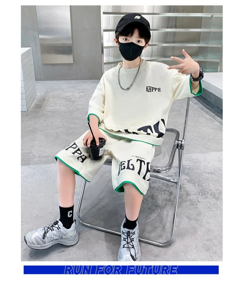 Boys Summer Letter Print Tee Shorts Two Piece Set New Big Kids Casual Wear Outfit Everyday Wear Simple Style Matching Children