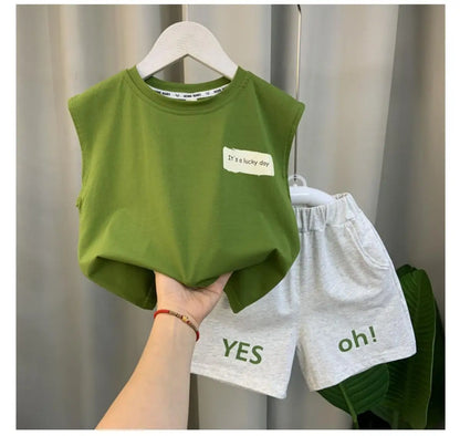2025 New Boys Baby Girl Summer Vest Set Summer Sleeveless Fashion Boys' and Children's Handsome Two Piece Set