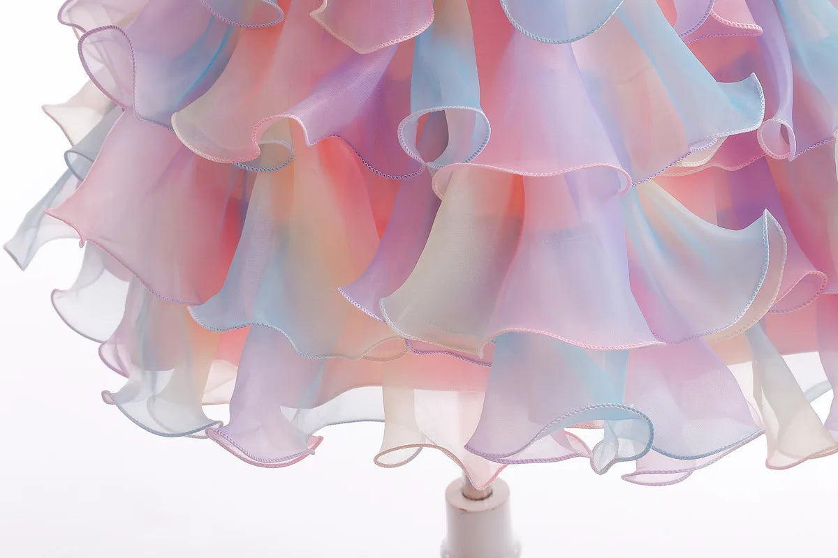 Party Dresses For Girls Rainbow Ruffle Big Bow Layered Sequin Princess Dress For Kids Wedding Birthday Party Pageant Formal Gown