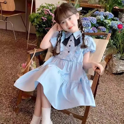 Girl's Dress Summer 2025 New Children's College Style Gown Teenager Turn-down Collar Clothes Kids Fashion Short Sleeve Desses