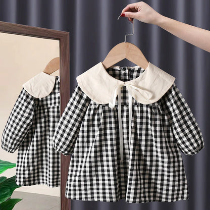 Girl's Sweet  Princess Dress Children Spring Autumn Baby Infants Bow Plaided Patchwork Party Dresses Vestidos Kids