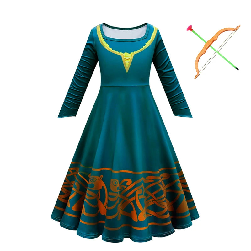 New Cartoon Movie Girls Princess Merida Dress Halloween Brave Princess Costume Children Green Velvet Long Sleeve Vintage Clothes