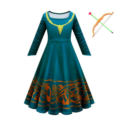 New Cartoon Movie Girls Princess Merida Dress Halloween Brave Princess Costume Children Green Velvet Long Sleeve Vintage Clothes
