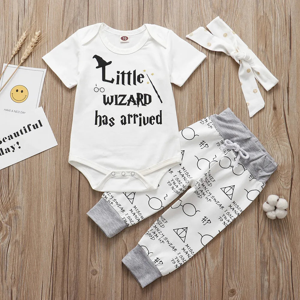 Newborn Baby Boy Girl Clothes Sets Summer Cotton Romper+Pants+Hat Toddler Kids Tops+Trousers+Headband 3 PCS Children's Clothing