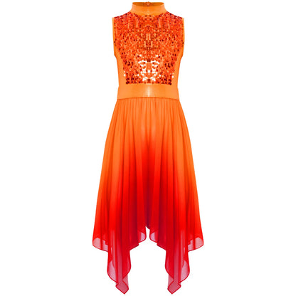 Girls Liturgical Worship Praise Dance Dress Contemporary Lyrical Dancewear Sleeveless Sequins Bodice Asymmetrical Tunic Dresses