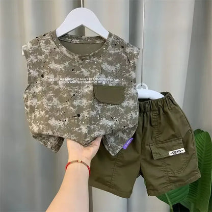 Boys Summer Vest Set New Fashionable Baby Handsome Fashion Sleeveless T-shirt Shorts Two Piece Set Children's clothing set