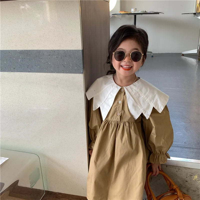 Girl Dress Spring 2023 New Retro Van Doll Pointed Collar Girl's Dress Long Sleeve Khaki Princess Dress Sweet Casual Dress