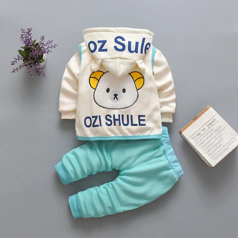 New Autumn Winter  Baby Girl Clothes Children Boys Thickened Hooded Vest T-Shirt Pants 3Pcs/Sets Toddler Costume Kids Tracksuits (Available)