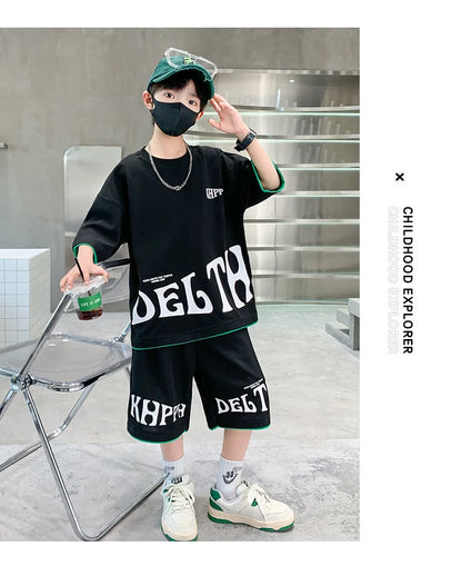 Boys Summer Letter Print Tee Shorts Two Piece Set New Big Kids Casual Wear Outfit Everyday Wear Simple Style Matching Children