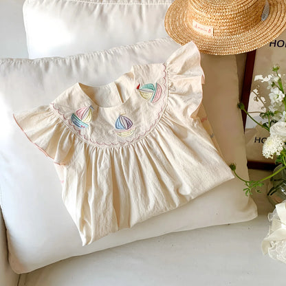Summer Girls Flower Embroidered Dress Retro Flying Sleeve Princess Dresses 2-6 Years Children Casual Clothes Fashion Sundress