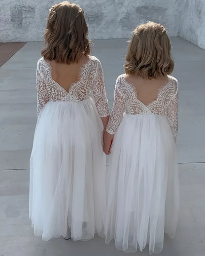 Girl's dress 4-12 years fashionable hollow out long sleeved princess dress carnival birthday wedding flower girl bridesmaid Wear