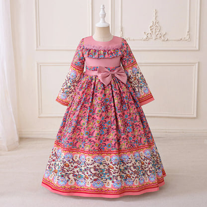 Girl Dress For Eid Arab Muslim Floral Print Long Sleeve Dress For Children Formal Pageant Party Festival Ceremonial Banquet Gown