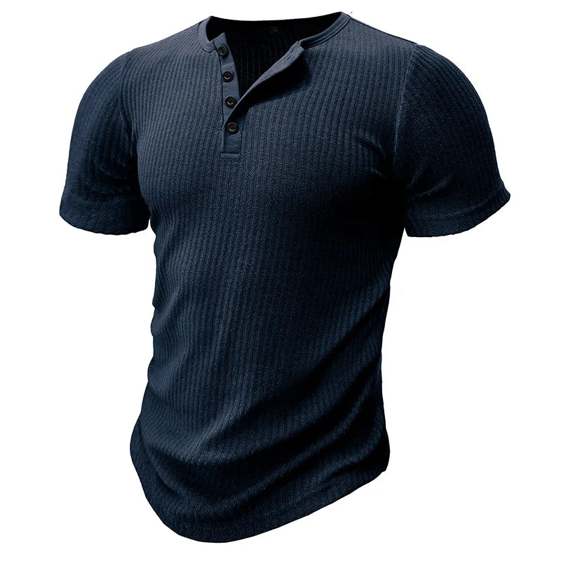 Summer Trend Men's Short Sleeve Casual T-Shirts Solid Henley Neck Button Up Pullover Tops Spring Turn Down Collar Basic Shirt (Available)