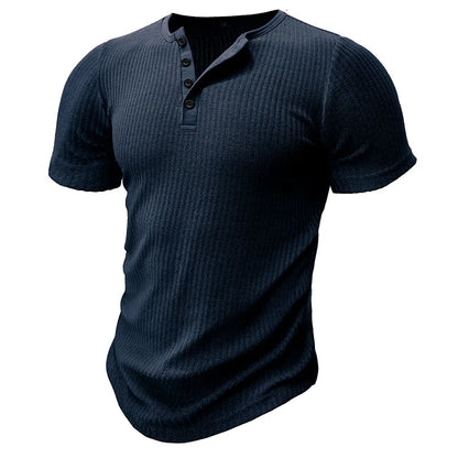 Summer Trend Men's Short Sleeve Casual T-Shirts Solid Henley Neck Button Up Pullover Tops Spring Turn Down Collar Basic Shirt (Available)