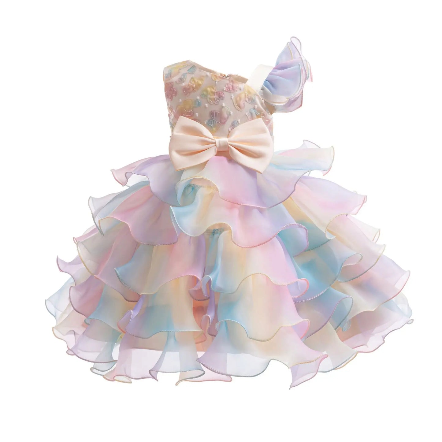 Party Dresses For Girls Rainbow Ruffle Big Bow Layered Sequin Princess Dress For Kids Wedding Birthday Party Pageant Formal Gown