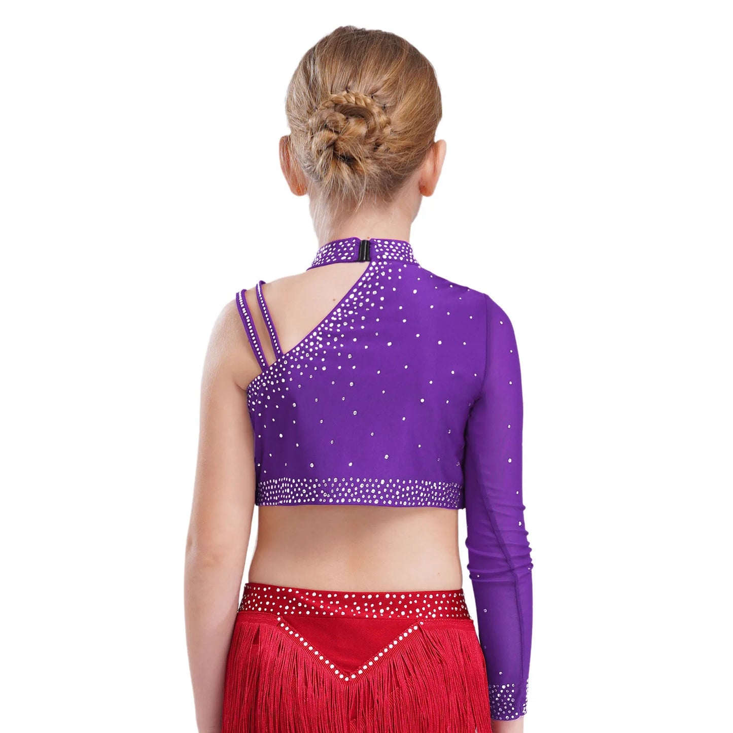 Girls Modern Dance Dress 2 Piece One-shoulder Sleeve Rhinestone Crop Top And Feather Skirts Sets Dance for Stage Performance