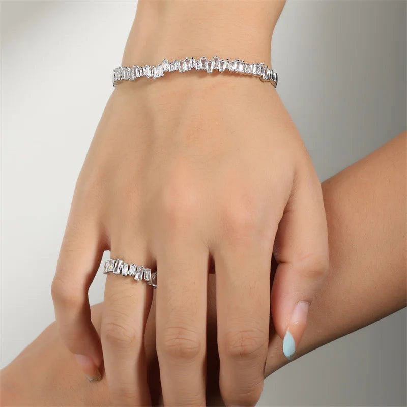 Fashion Adjustable Open Bangle Ring Wedding Jewelry Sets For Women Elegant Shiny AAA Cubic Zirconia Accessories Gift