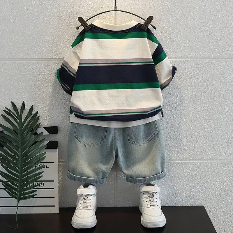Summer Baby Boys Fashion High Quality Set Cotton Boy Short Sleeved Hole T-shirt + Denim Shorts Kids Loose Casual Clothes 2-11Y