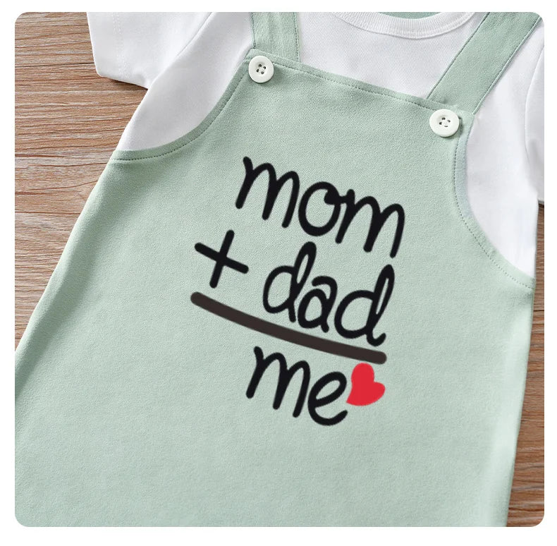 Newborn boys, girls and babies summer vacation 2 pieces braces, Dad, Mom and I, short-sleeved round-neck jumpsuit