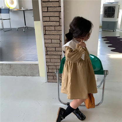 Girl Dress Spring 2023 New Retro Van Doll Pointed Collar Girl's Dress Long Sleeve Khaki Princess Dress Sweet Casual Dress