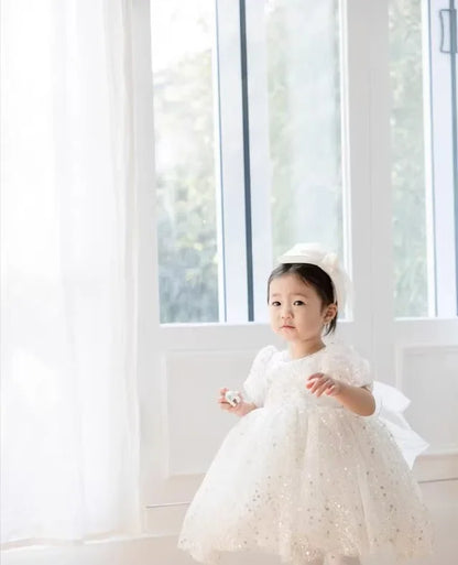 Girl's White Wedding Tutu Dress, Elegant Princess Dress for Flower Dresses Kids Vestidos Girl Birthday Party Princess Sequins