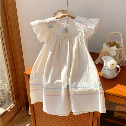 Summer Girls Flower Embroidered Dress Retro Flying Sleeve Princess Dresses 2-6 Years Children Casual Clothes Fashion Sundress