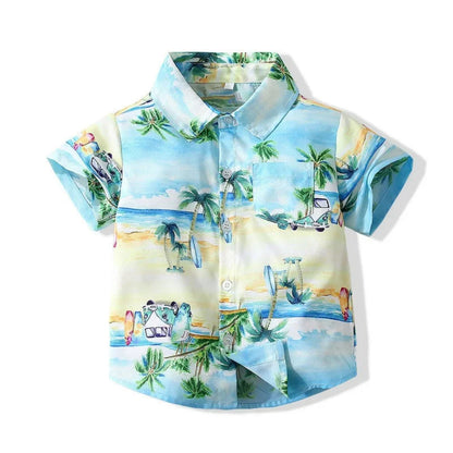 Summer Boys Shirt Hawaiian Beach Graphic Print Children's Blouse Casual Short Sleeve Holiday Lapel Top Girl Blouse Kids Clothes
