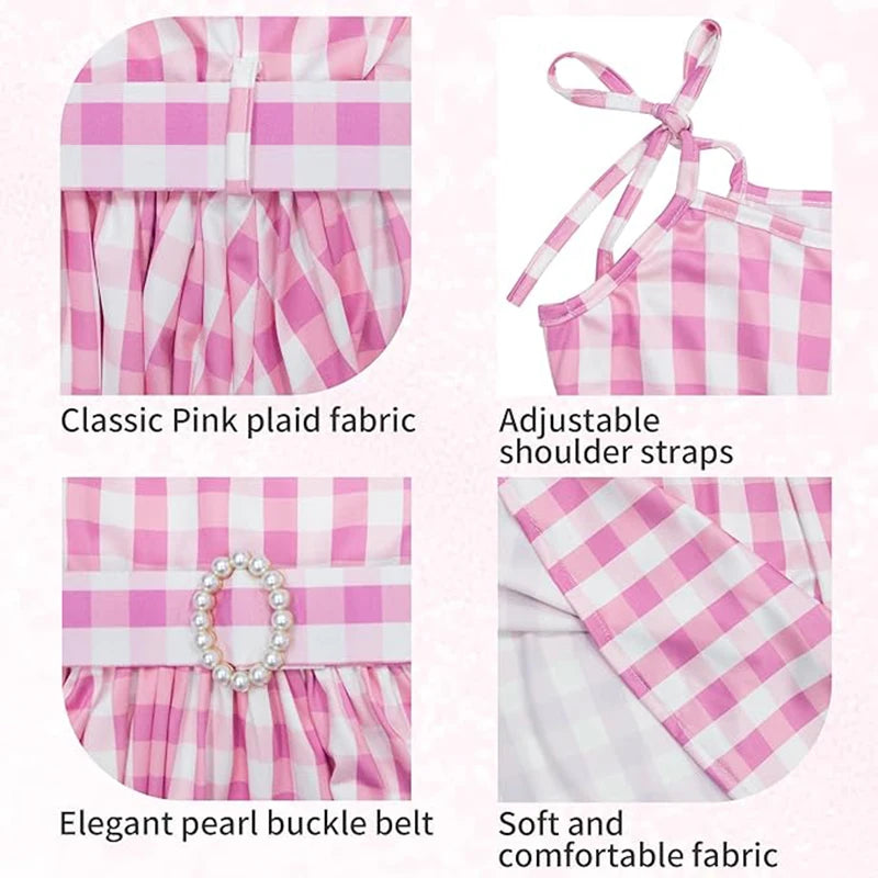 Girls Party Dresses Pink Plaid Princess Dress Birthday Party Children's Day Perform Dress Kid Carnival Halloween Cosplay Costume