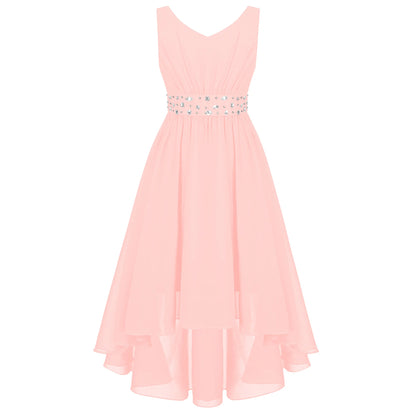 Summer Girls Festive Dress Hi-Lo Tulle Sleeveless Shiny Beaded Dress Flower Kids Wedding Pageant Clothing Evening Communion Gow
