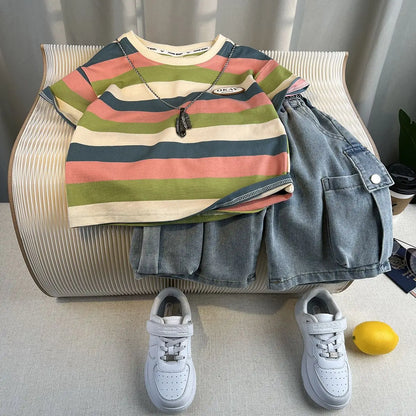 Summer Baby Boys Fashion High Quality Set Cotton Boy Short Sleeved Hole T-shirt + Denim Shorts Kids Loose Casual Clothes 2-11Y