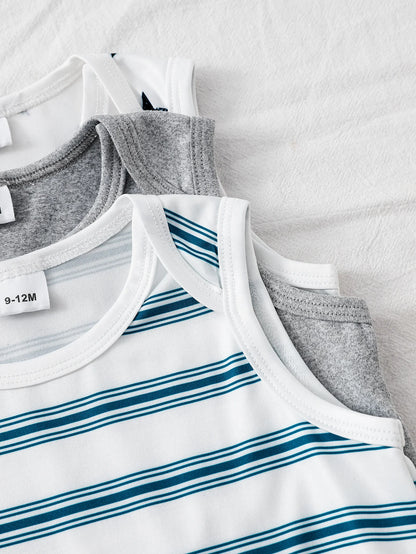 Baby Boy Summer Sleeveless Three-Piece Romper Set Infant Boys Outfit Collection Multi-piece Bodysuit Collection for Summer