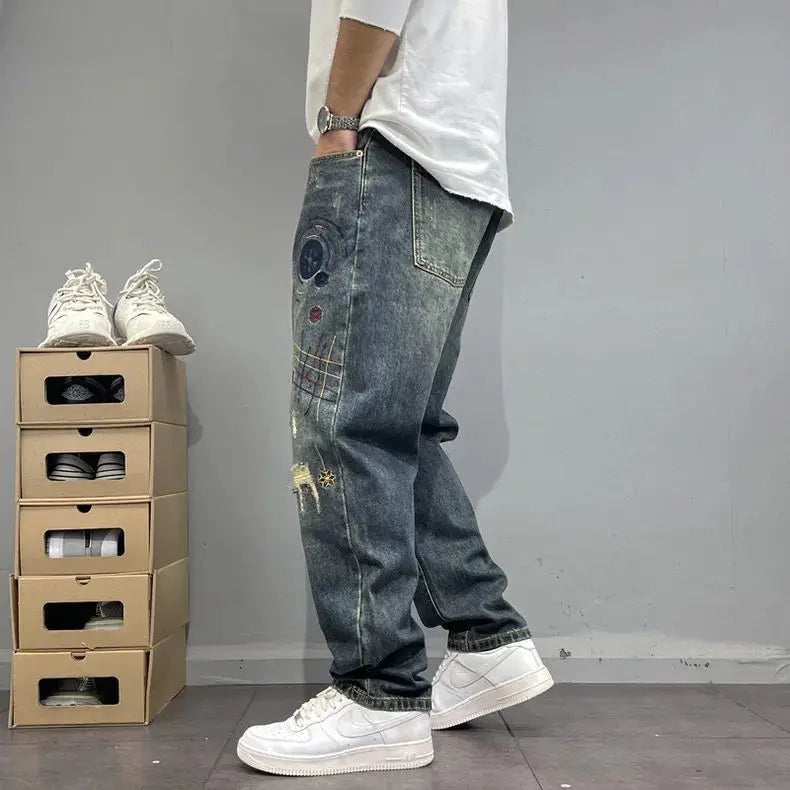 Washed Distressed Patched Embroidered Jeans Men's Small Straight Leg Pants High Street Ruff and Handsome Pants Trendy
