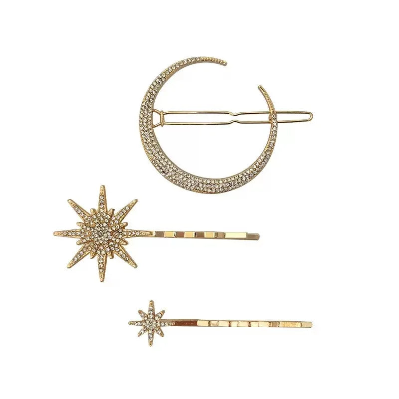 Women Side Clip Hair Barrettes Girl Accessories 3D Geometric Stars Moon Rhinestone Clips Set Silver Snowflake Star Hairpins