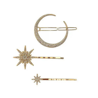 Women Side Clip Hair Barrettes Girl Accessories 3D Geometric Stars Moon Rhinestone Clips Set Silver Snowflake Star Hairpins