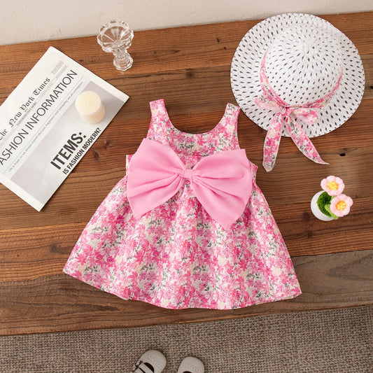 Summer Beach Party Dress for Girls Rose Red Bow Flower Print Suspender Dress Girl Casual Outdoor Outfit Sent Hat
