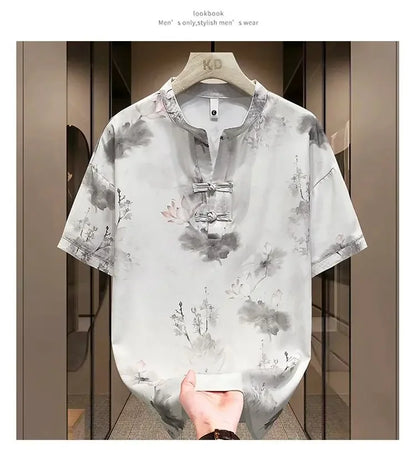 New Chinese Short-sleeved Men Trendy Versatile T-shirt in Summer Retro Stand Collar Thin Fashion Pullover (Available)