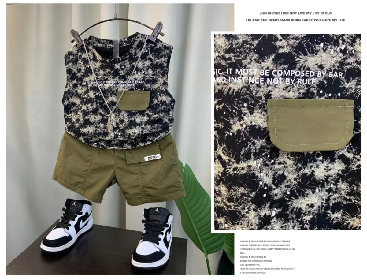 Boys Summer Vest Set New Fashionable Baby Handsome Fashion Sleeveless T-shirt Shorts Two Piece Set Children's clothing set