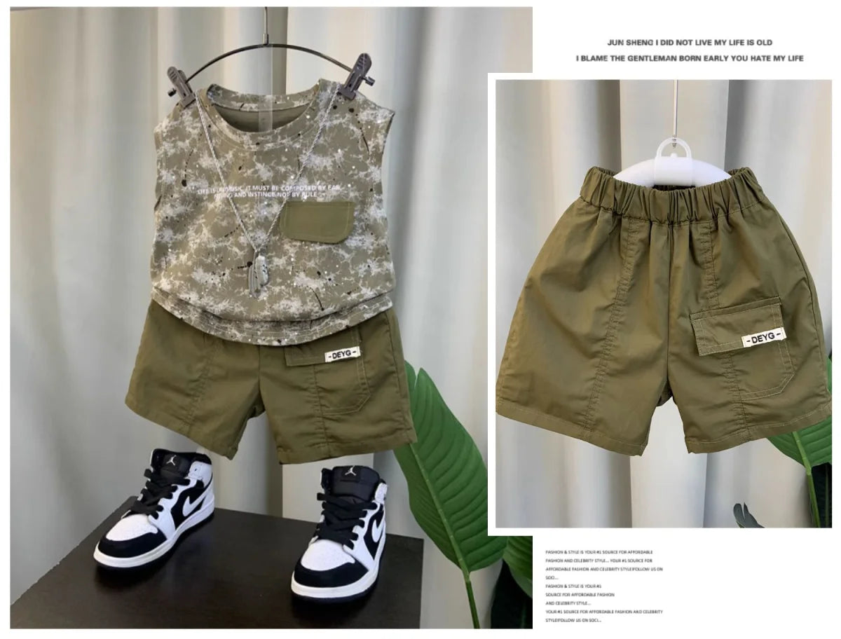 Boys Summer Vest Set New Fashionable Baby Handsome Fashion Sleeveless T-shirt Shorts Two Piece Set Children's clothing set
