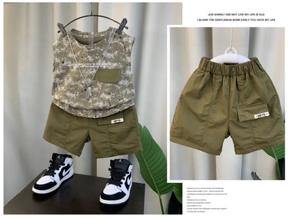 Boys Summer Vest Set New Fashionable Baby Handsome Fashion Sleeveless T-shirt Shorts Two Piece Set Children's clothing set