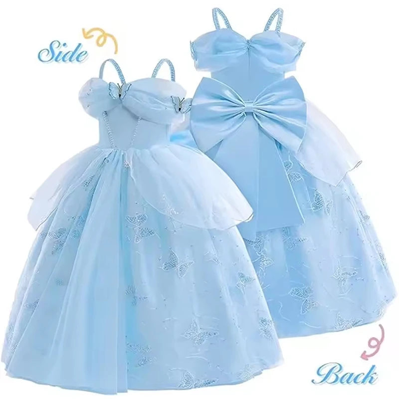 Children's Party Dresses For Girls Elegant Cinderella Princess Dress Kids Girl Butterfly Blue Evening Dress Sequin Prom Dress